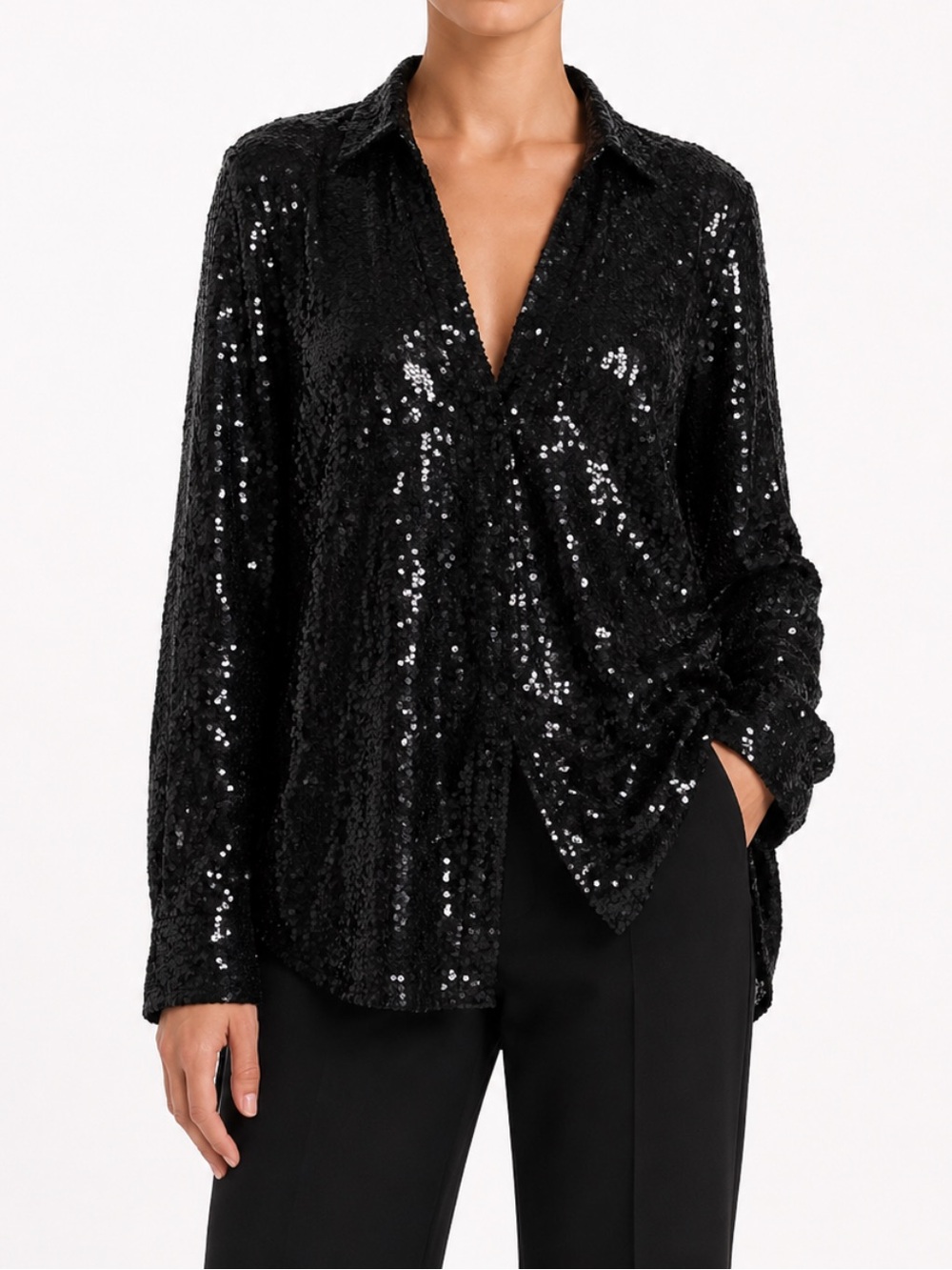 Zara Women's Sparkling Sequin Polo Tunic Blouse - Black - XL
